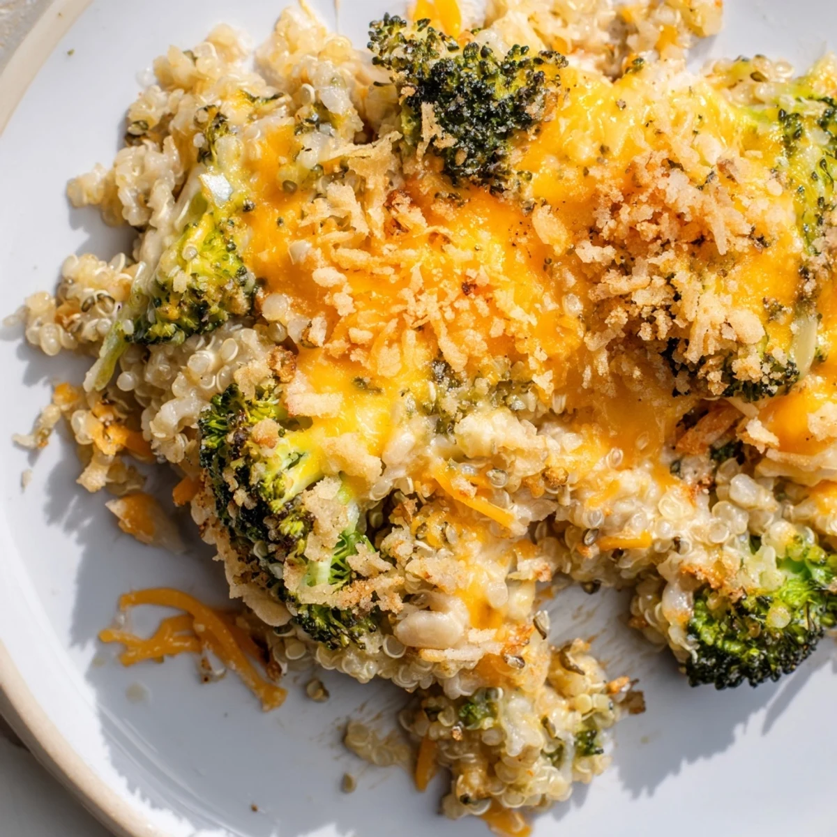 A bubbling 9x13 pan of creamy broccoli quinoa casserole topped with crispy breadcrumbs