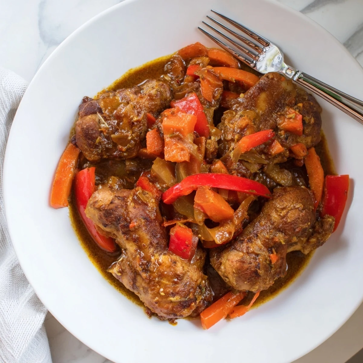 Golden-brown Jamaican brown stew chicken simmered in a rich spiced gravy with bell peppers and carrots.
