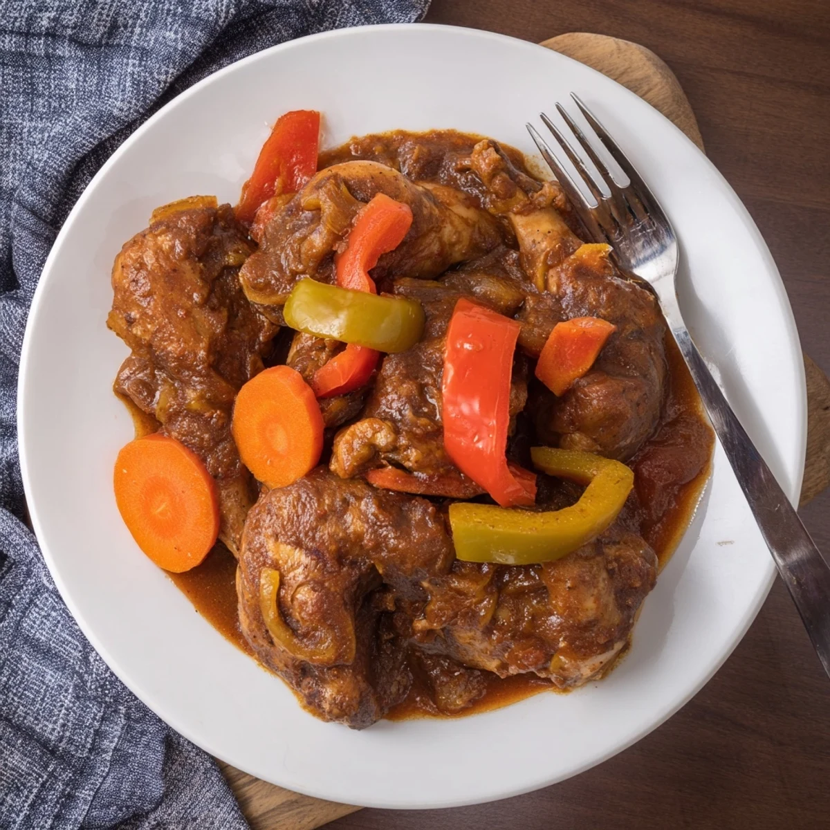 Tender bone-in Jamaican brown stew chicken served over steamed white rice with thick savory sauce.