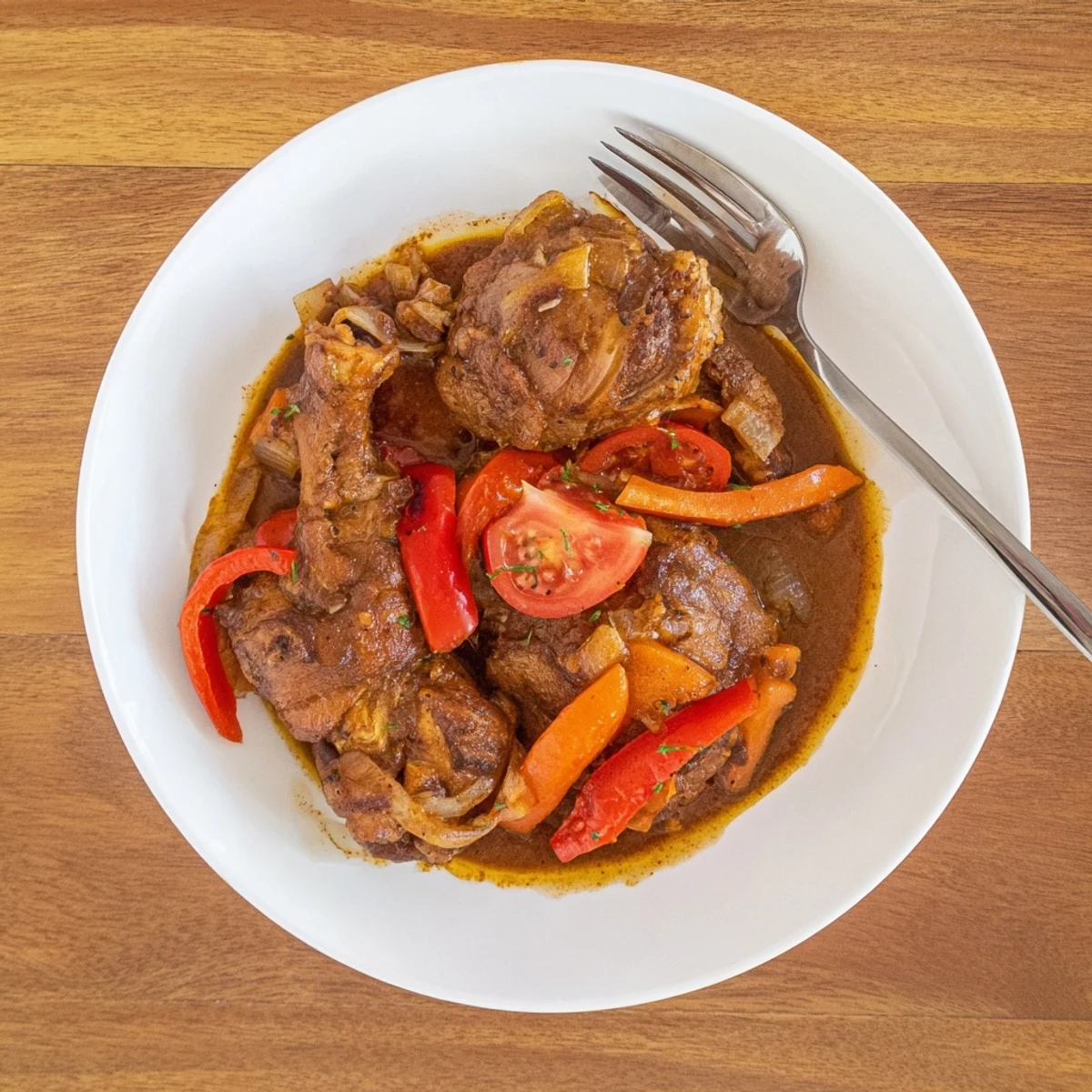 Sizzling pot of Jamaican brown stew chicken coated in a deeply caramelized, aromatic island-style gravy.
