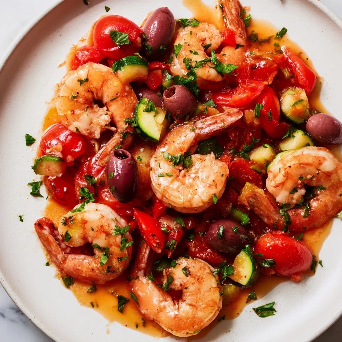 Juicy shrimp and tender zucchini simmered in a vibrant Mediterranean Shrimp Skillet with lemon wedges