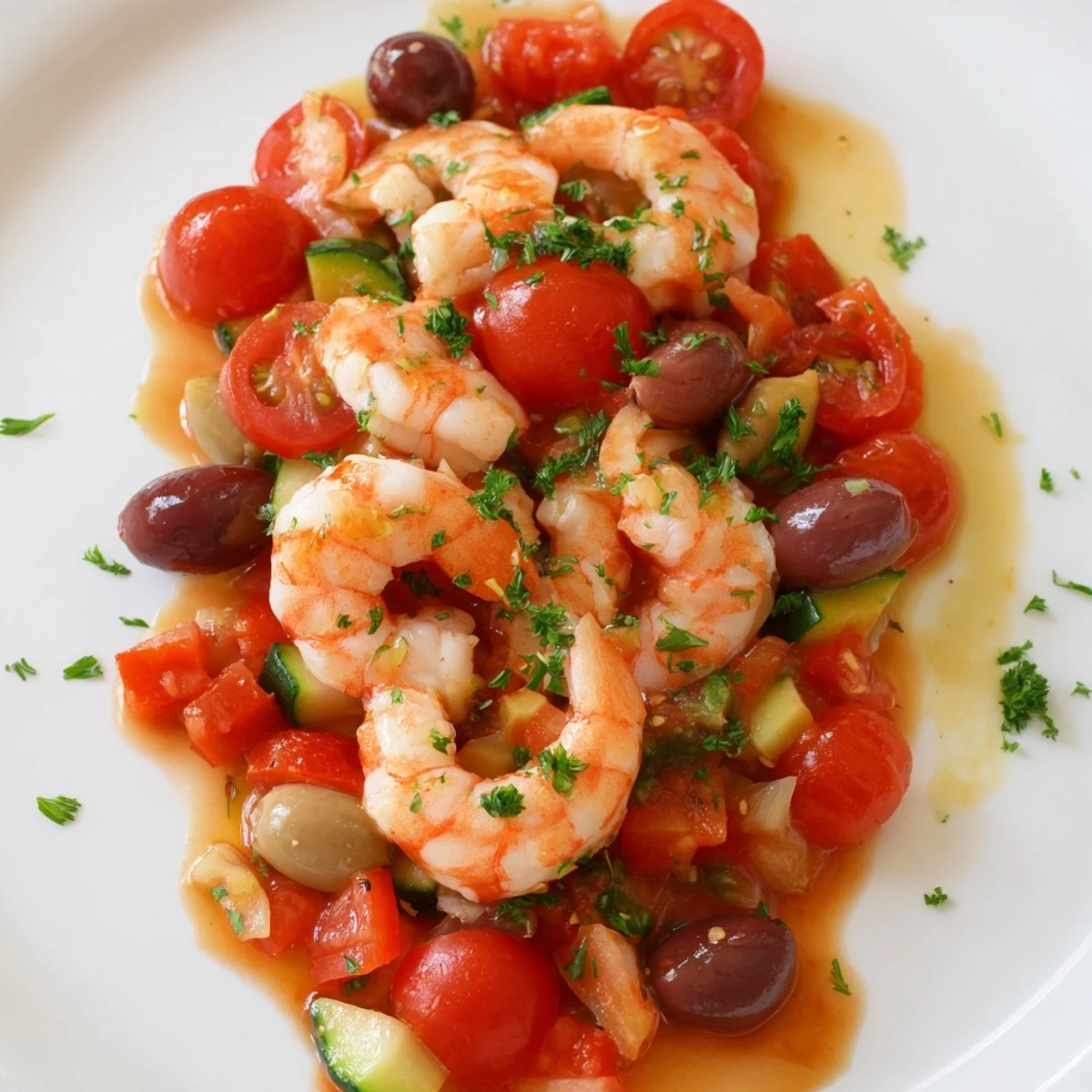 Steaming one-pan Mediterranean Shrimp Skillet with pink shrimp, sliced red onion, and fresh parsley garnish