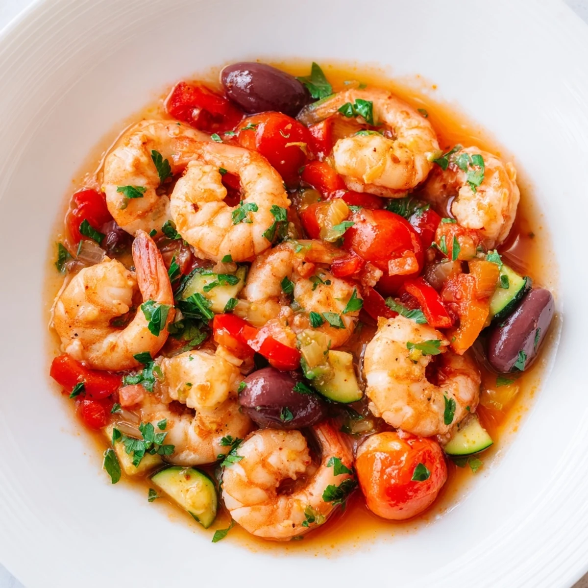 Golden pan-seared shrimp nestled among burst cherry tomatoes and Kalamata olives in a Mediterranean Shrimp Skillet