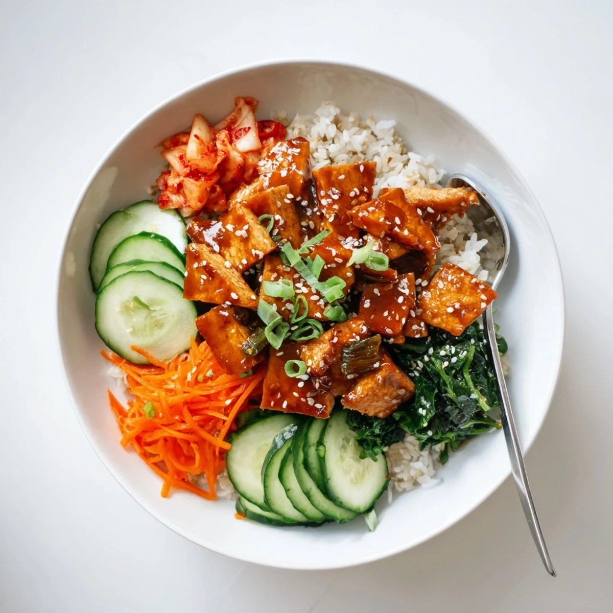 Crispy shredded tofu bulgogi bowl served over warm rice with julienned carrots and cucumber.