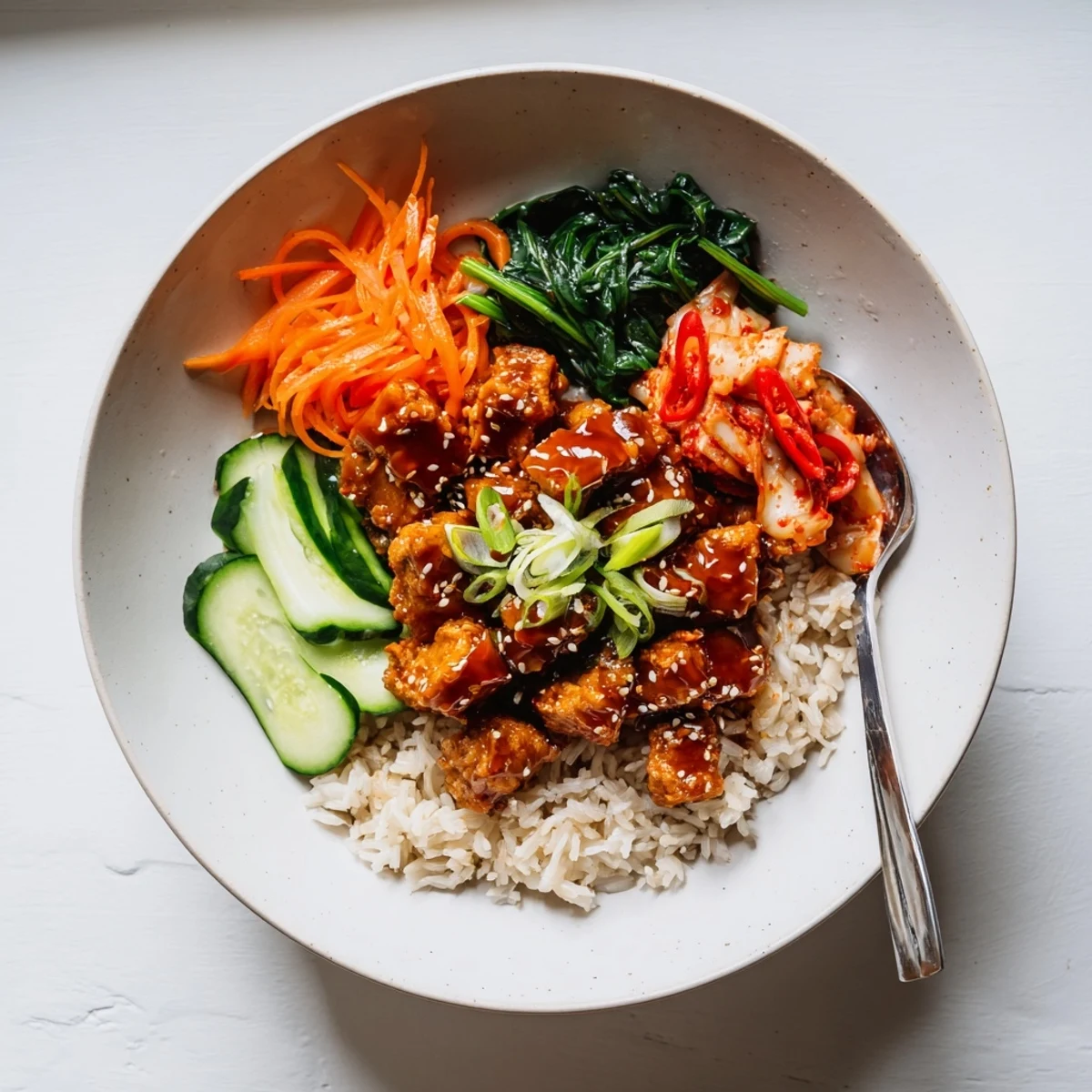 A steaming crispy shredded tofu bulgogi bowl garnished with fresh chili and green onion.