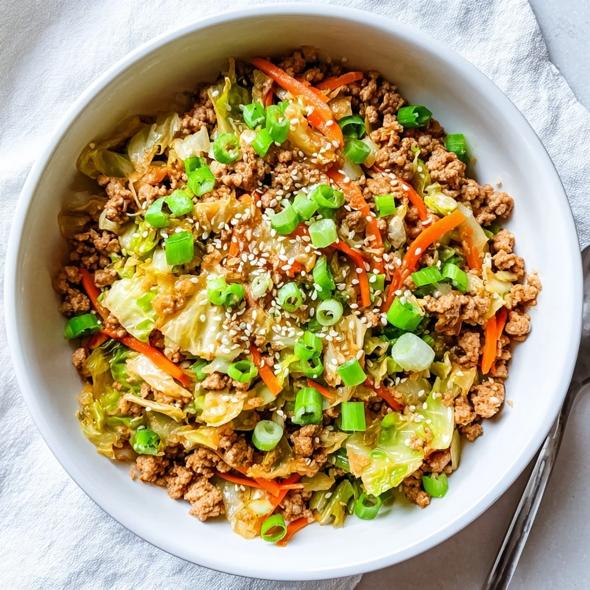 Golden ground pork nestled over shredded cabbage in this keto egg roll in a bowl, topped with sesame seeds.