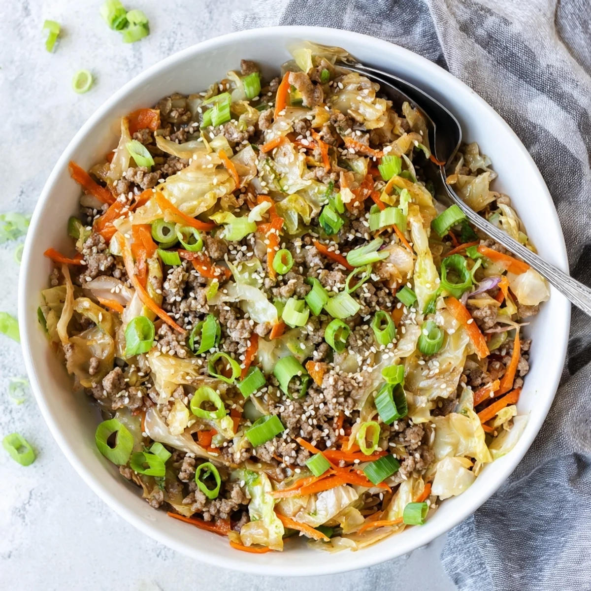 A steaming bowl of keto egg roll in a bowl with savory ground pork and tender cabbage.