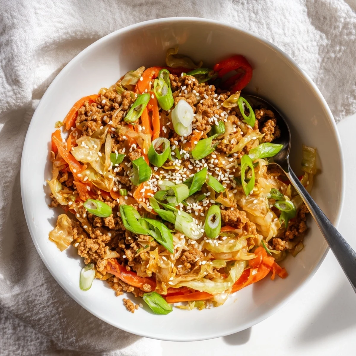 Sizzling skillet of keto egg roll in a bowl featuring colorful carrots, cabbage, and fragrant ginger.