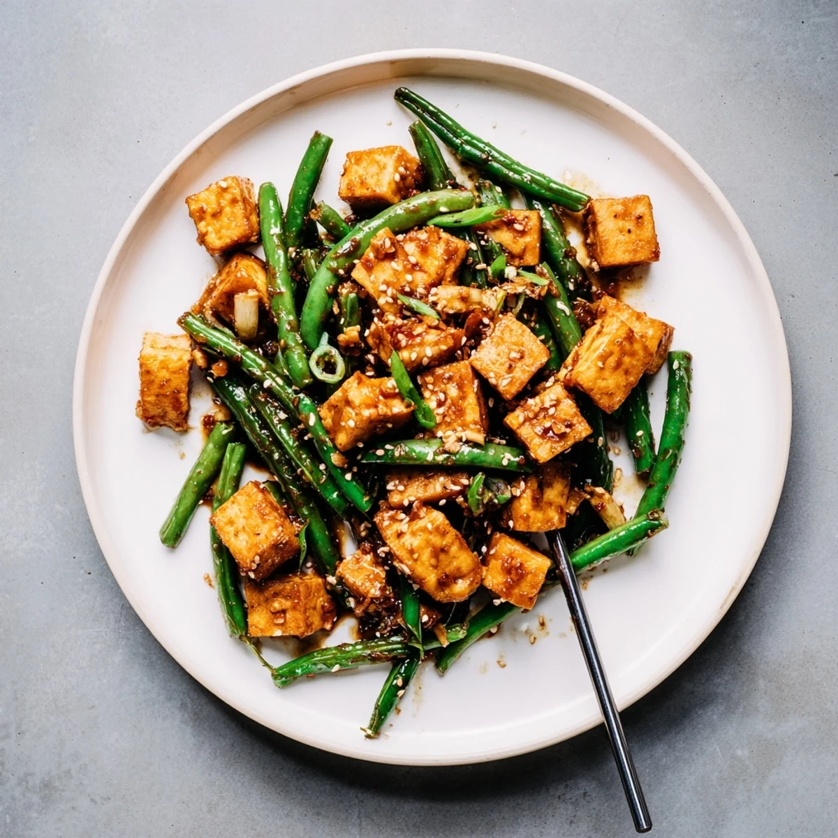 Golden crispy black pepper tofu and green beans served over steamed jasmine rice