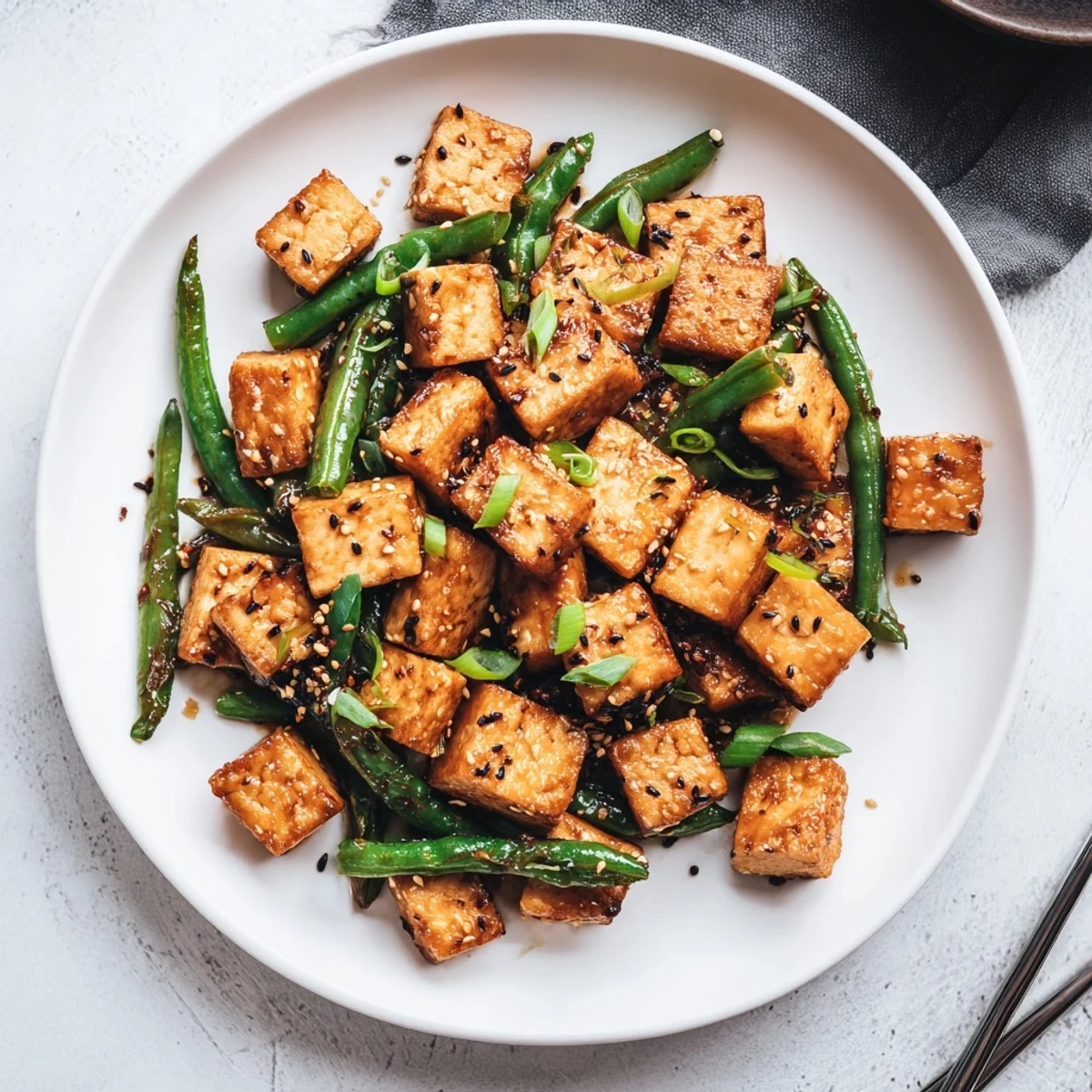 Wok-fried black pepper tofu with tender green beans in a glossy peppery sauce