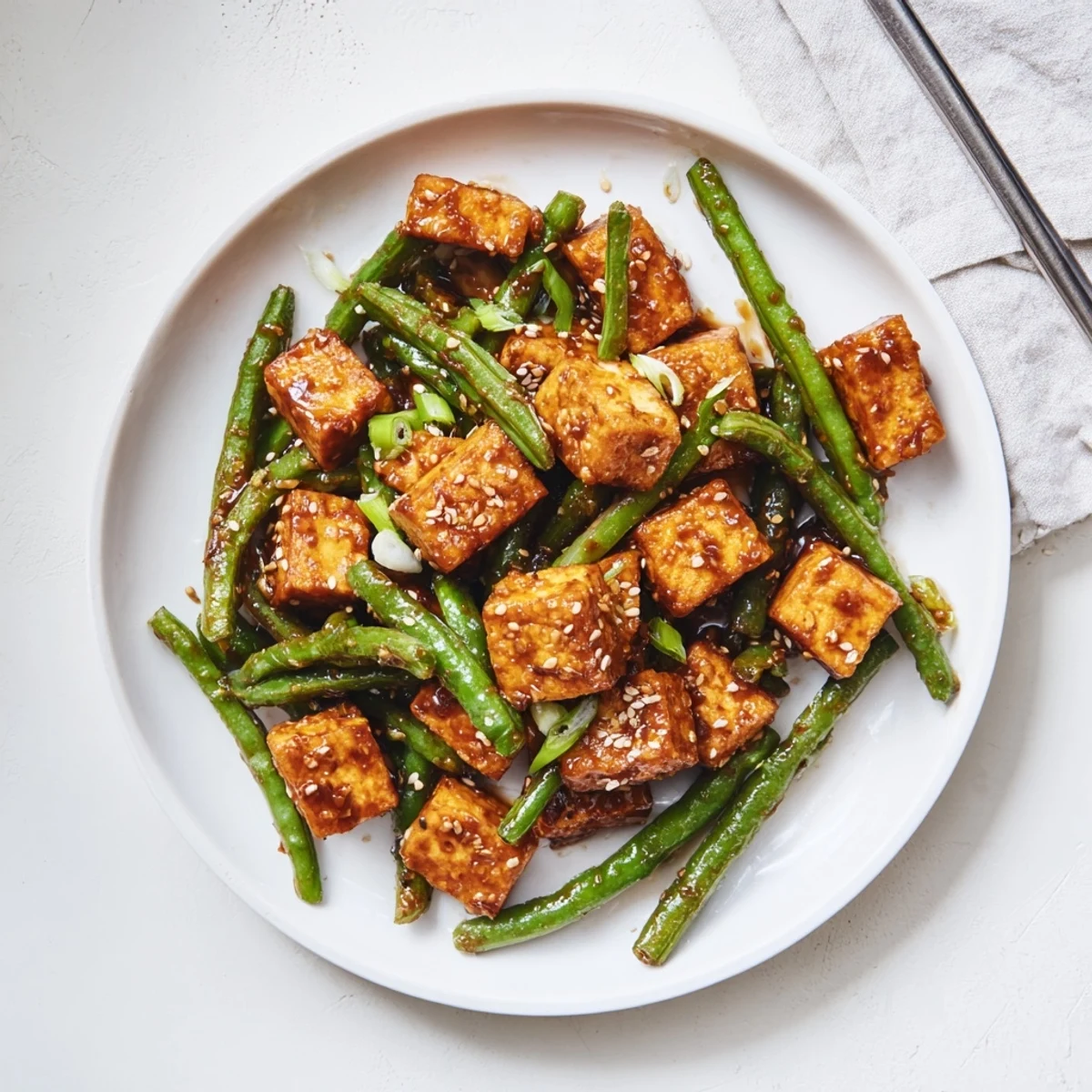 Crispy black pepper tofu green beans dinner garnished with sesame seeds and scallions