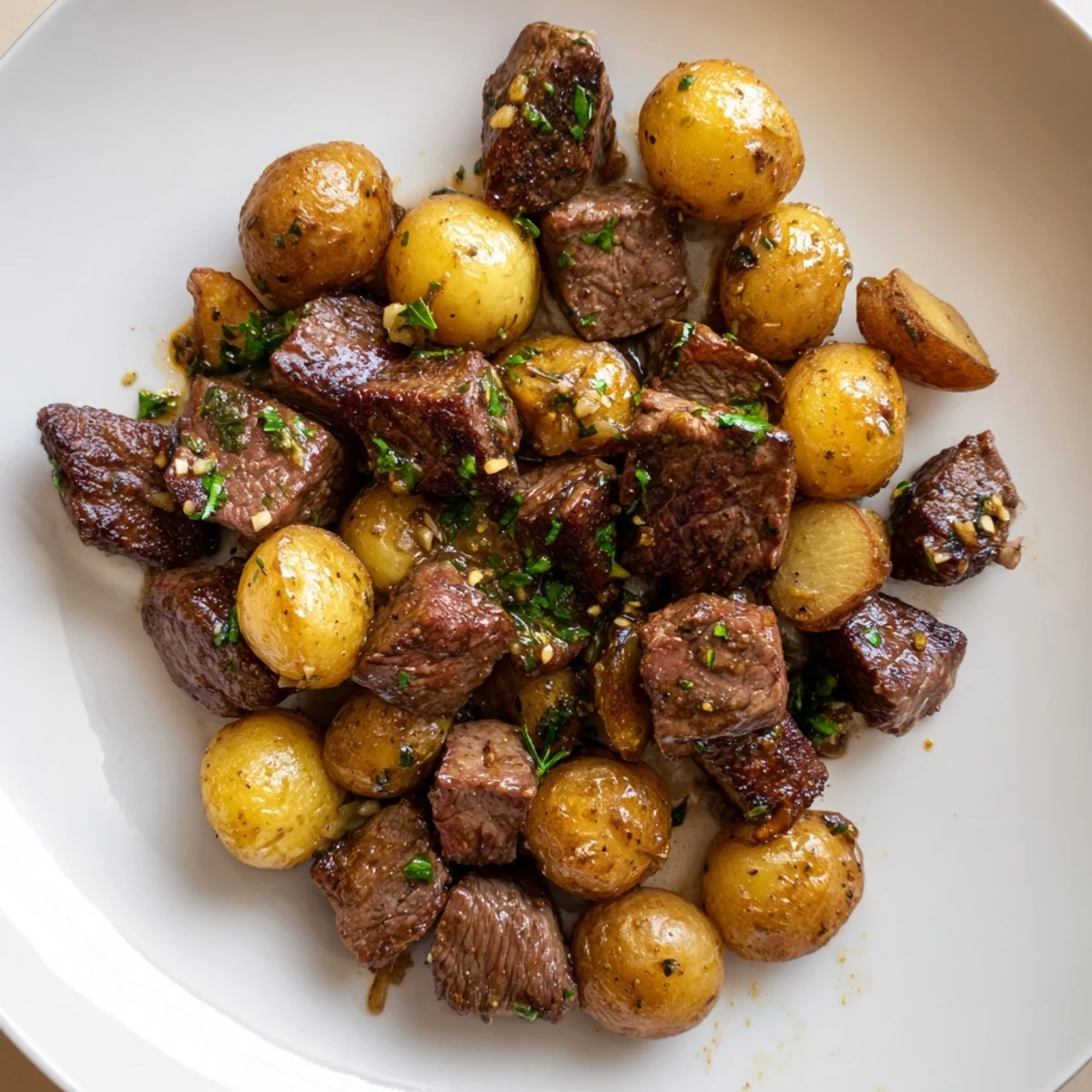 Garlic Steak Bites and Potatoes Recipe: tender seared steak, crispy golden potatoes.