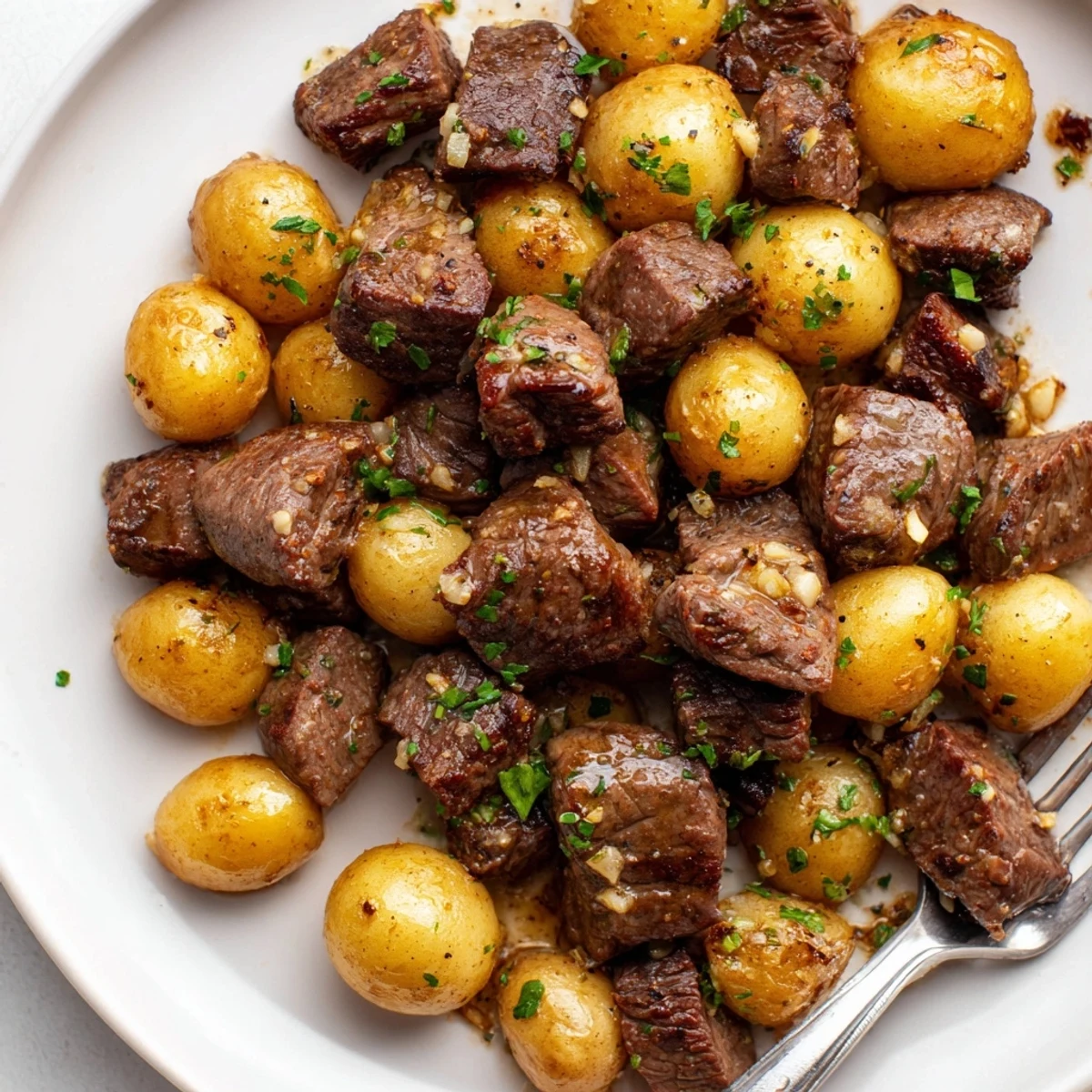 Skillet Garlic Steak Bites and Potatoes Recipe tossed in fragrant butter sauce.