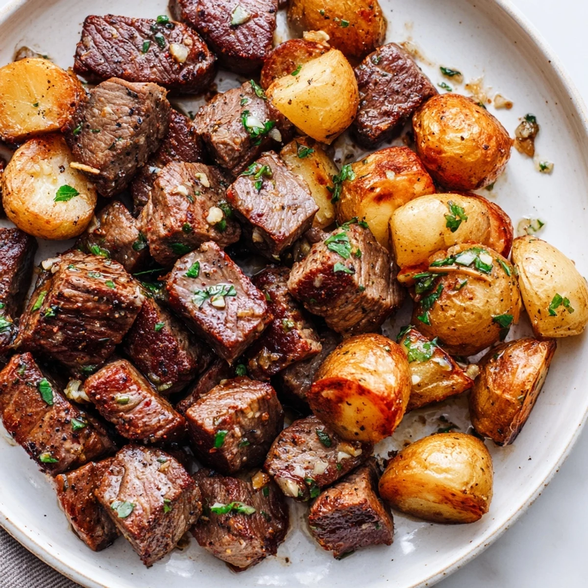 Weeknight Garlic Steak Bites and Potatoes Recipe served sizzling with lemon-parsley.