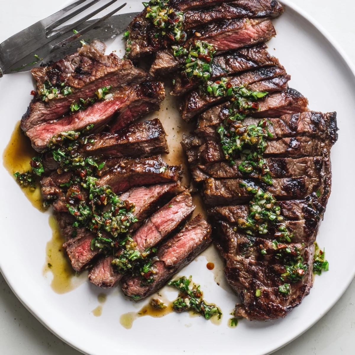 Chimichurri Steak Recipe showcasing juicy grilled ribeye topped with zesty green sauce