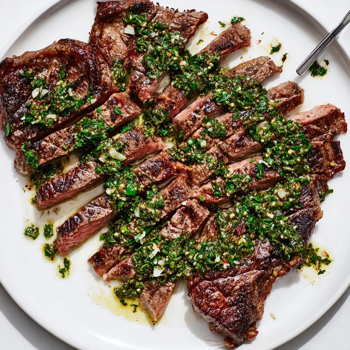 Chimichurri Steak Recipe served sliced, resting, bright herb sauce dripping over slices