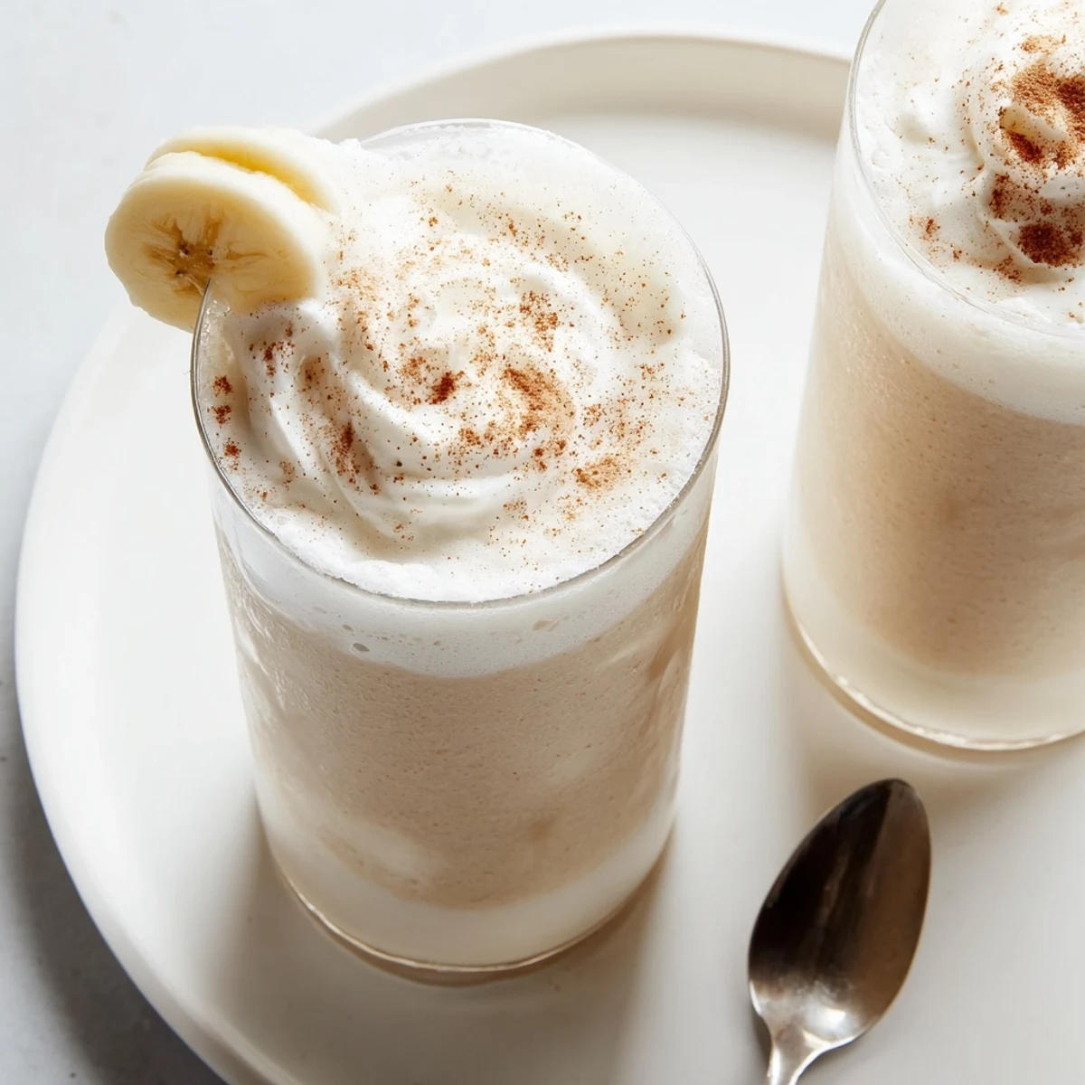 Vanilla Banana Shake in chilled glass, frothy texture with cinnamon sprinkle