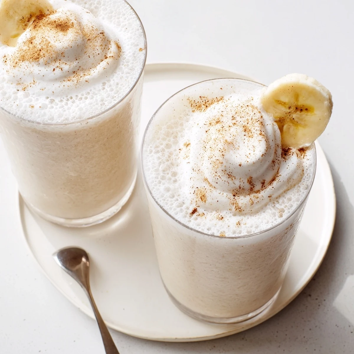 Frothy glass of Vanilla Banana Shake garnished with banana slices and cinnamon