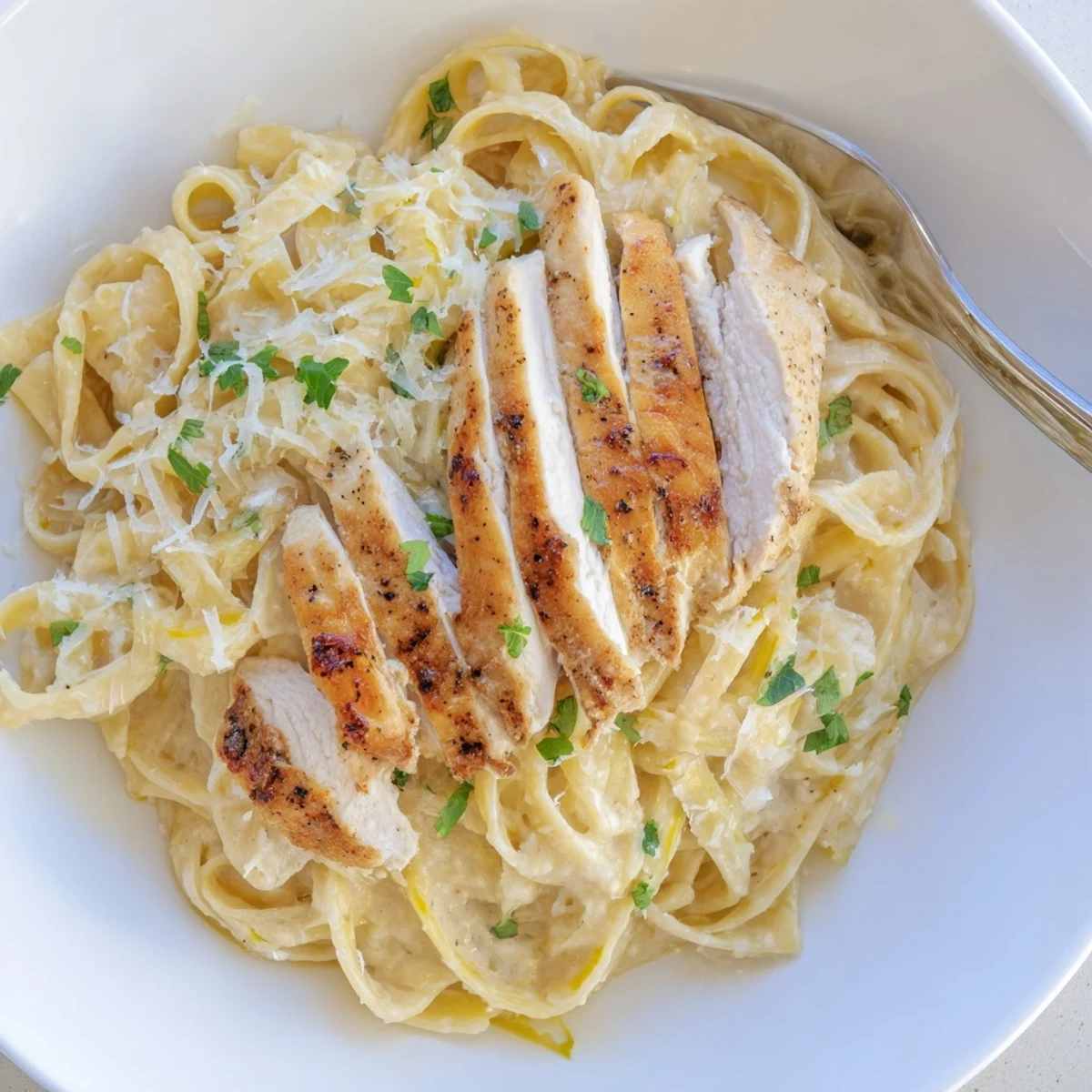 Creamy Garlic Chicken Pasta piled on plate, steamy sauce, sprinkled parsley  