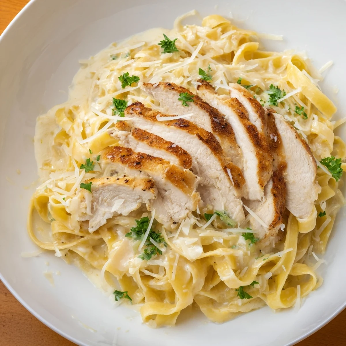 Sliced Creamy Garlic Chicken Pasta tossed with al dente fettuccine, Parmesan  