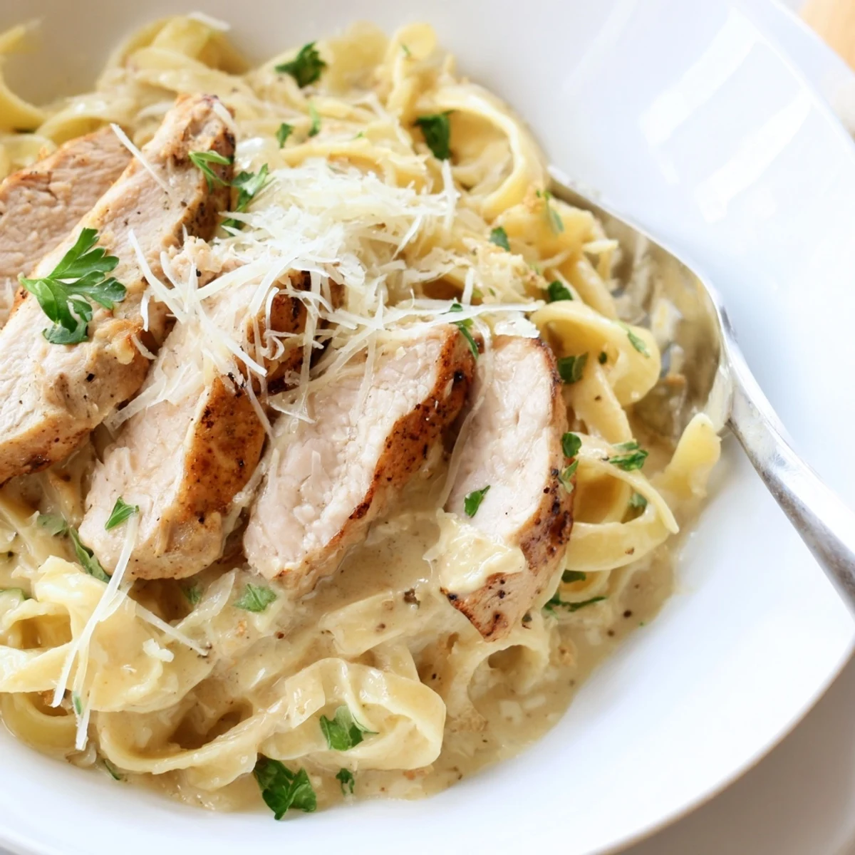 Weeknight Creamy Garlic Chicken Pasta glistening in creamy sauce, ready to serve