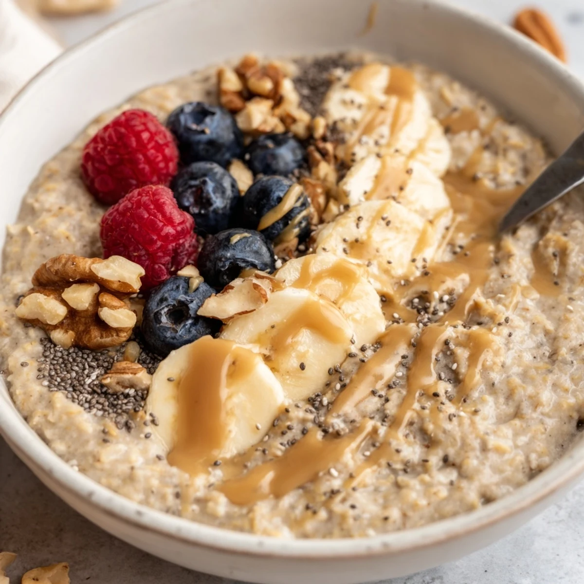 Creamy Protein Oatmeal topped with sliced banana, crunchy nuts, fresh berries.