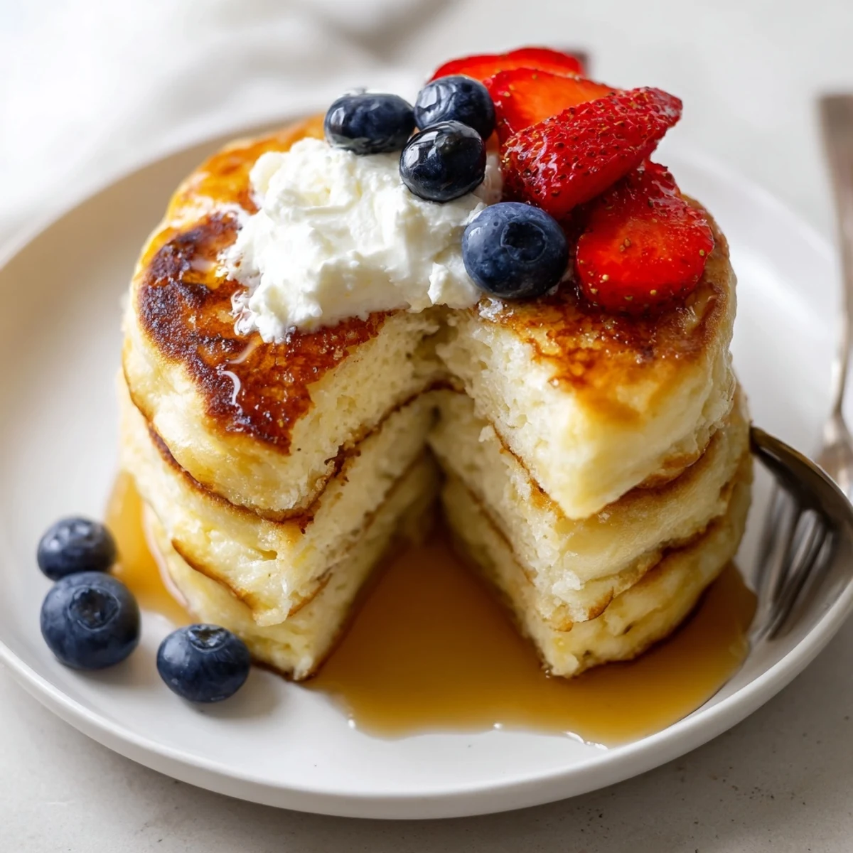Stack of golden Cottage Cheese Pancakes drizzled with maple syrup, berries
