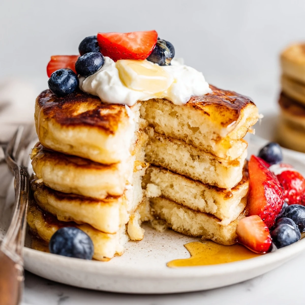 Warm Cottage Cheese Pancakes topped with Greek yogurt and fresh berries