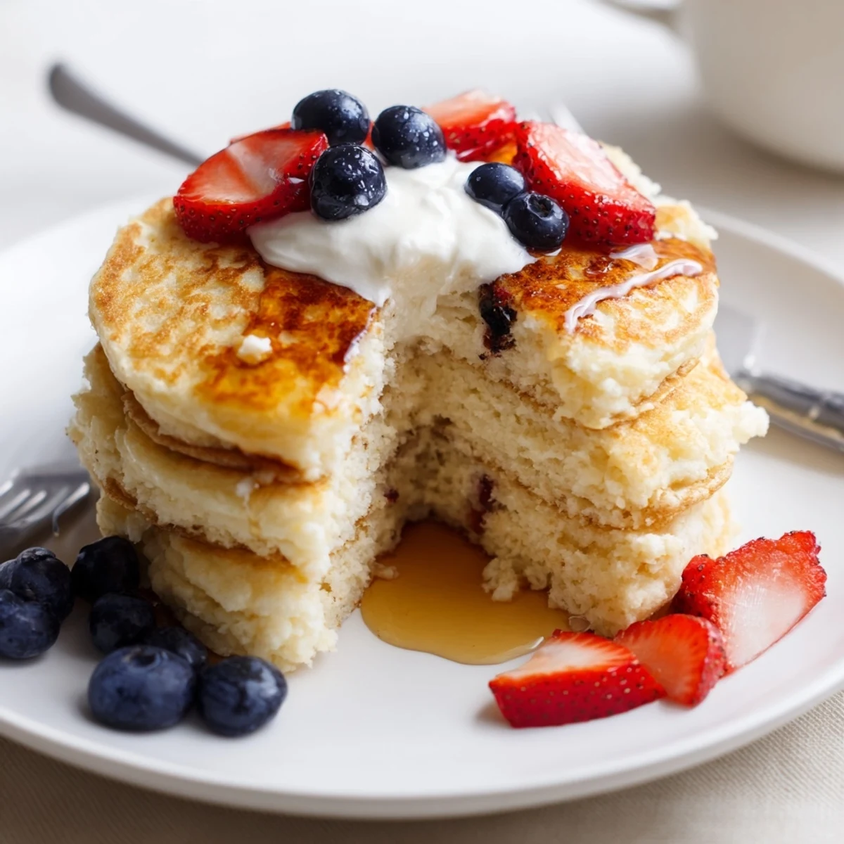 Fluffy Cottage Cheese Pancakes sizzling on skillet, soft curds visible