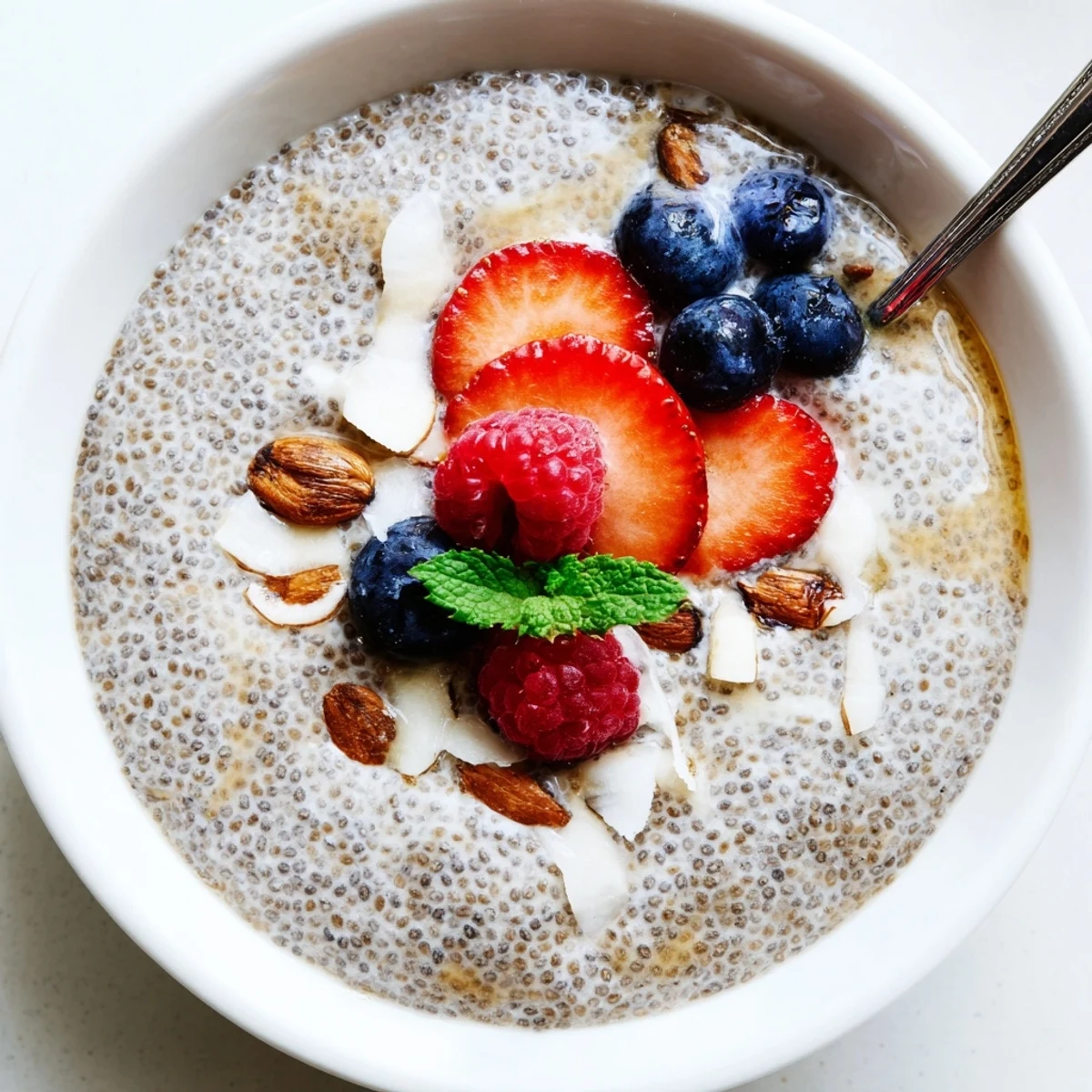 Chia Seed Pudding topped with fresh berries and crunchy nuts, chilled.