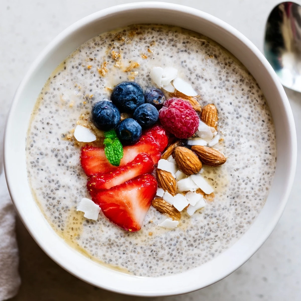 Creamy Chia Seed Pudding in glass jar, vanilla aroma and plump blueberries.
