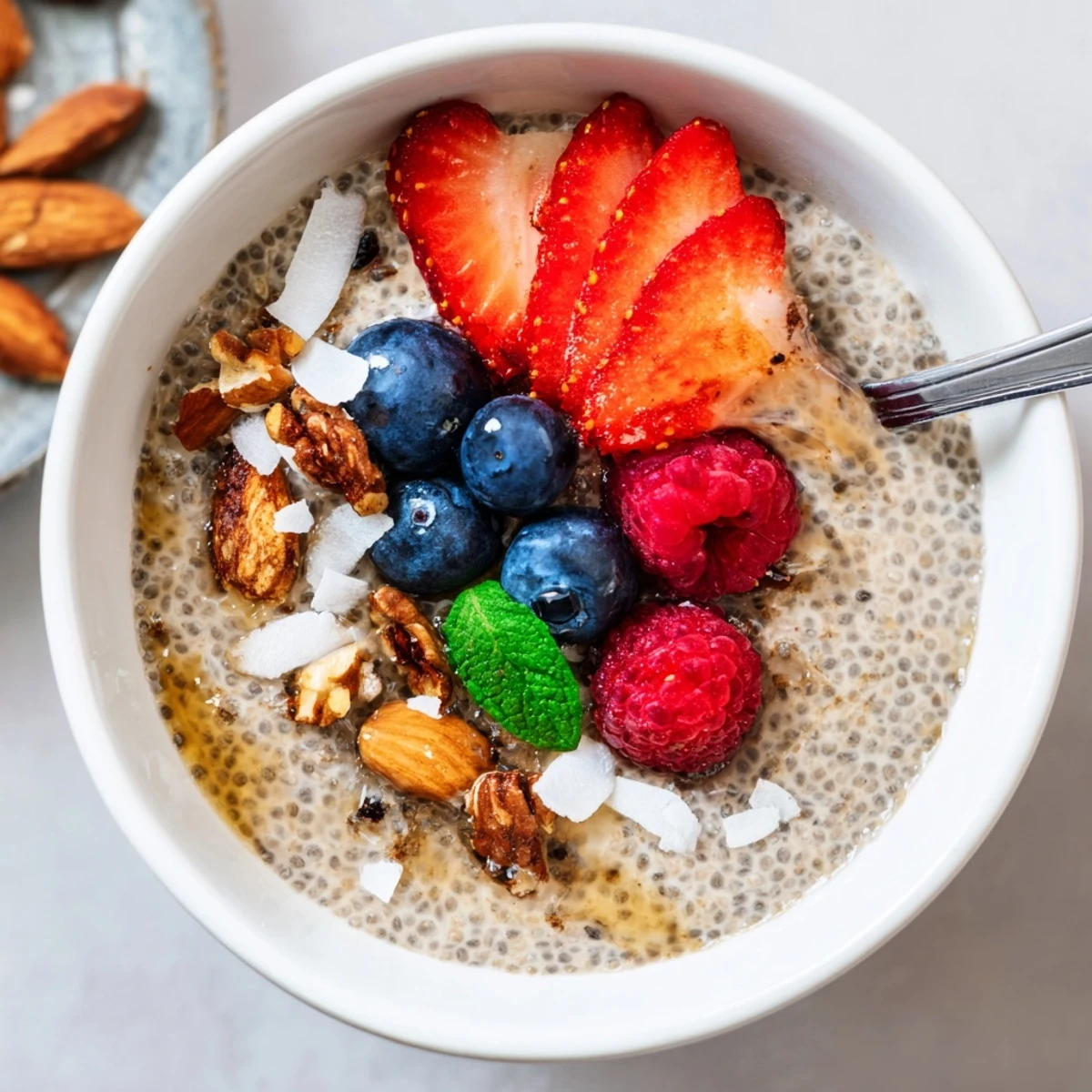 Overnight Chia Seed Pudding spoon reveals silky texture, maple sweetness, mint garnish.