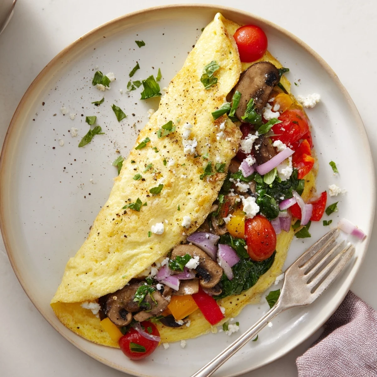 Egg White Omelette with Vegetables folding fluffy whites over sauteed colorful peppers.
