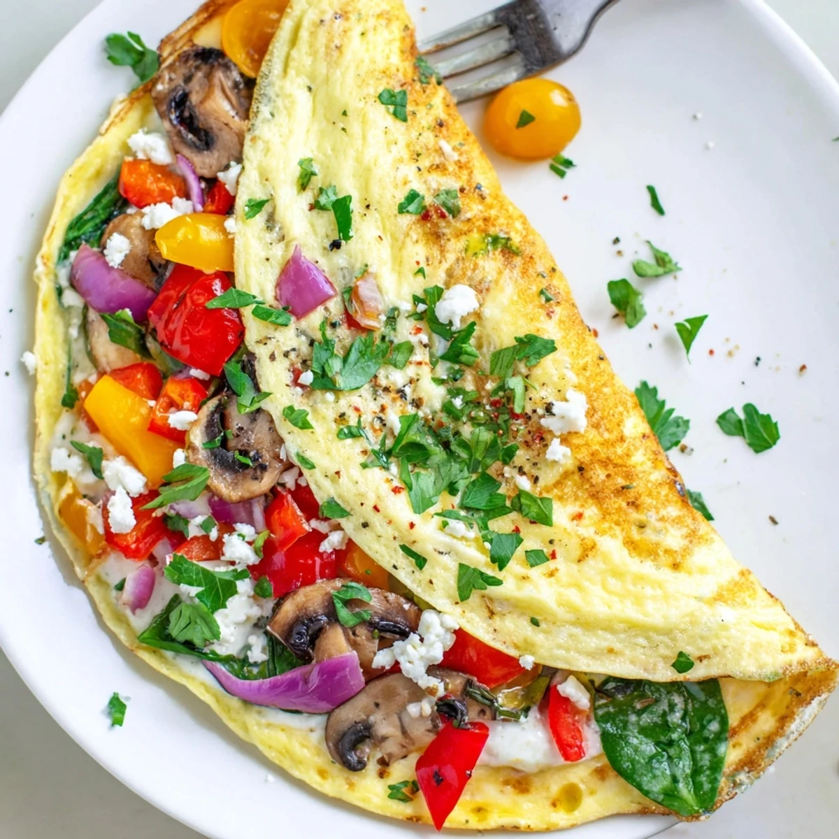 Plate shows Egg White Omelette with Vegetables topped with crumbled feta and parsley.