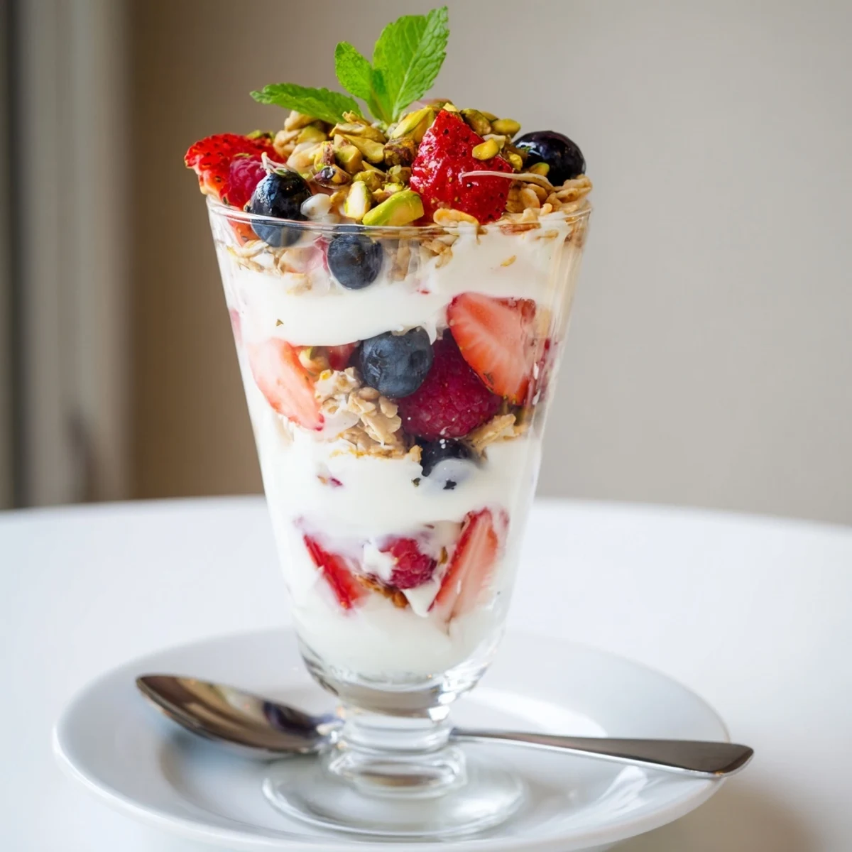 Greek Yogurt Parfait layered with creamy yogurt, bright berries, crunchy granola.