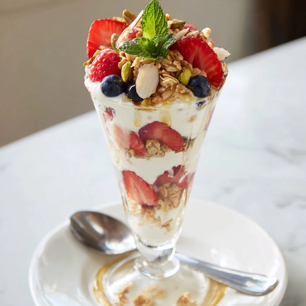 A jar of Greek Yogurt Parfait topped with honey, mint, and chopped nuts.
