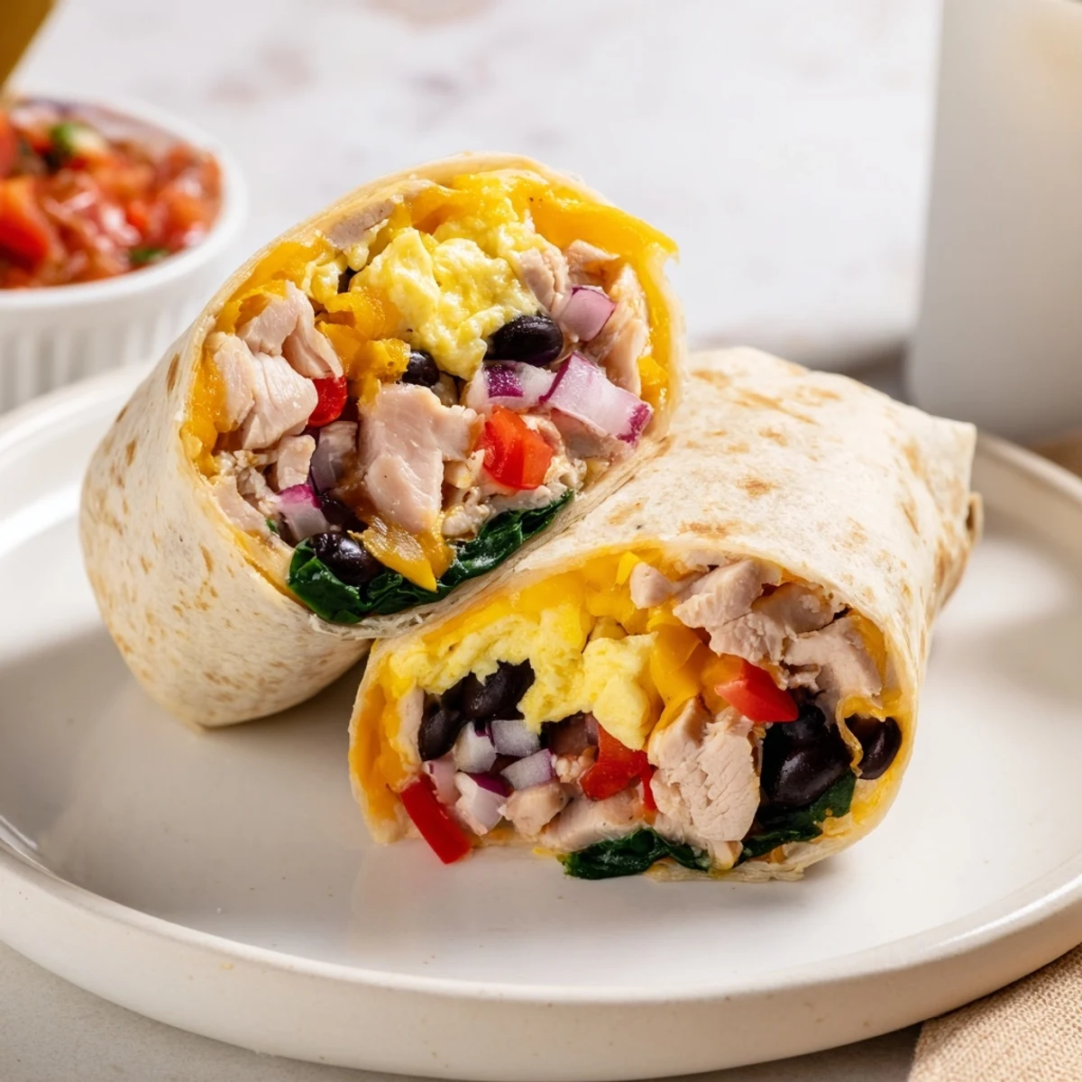 Warm Protein Breakfast Burrito sliced in half, steam rising, salsa nearby