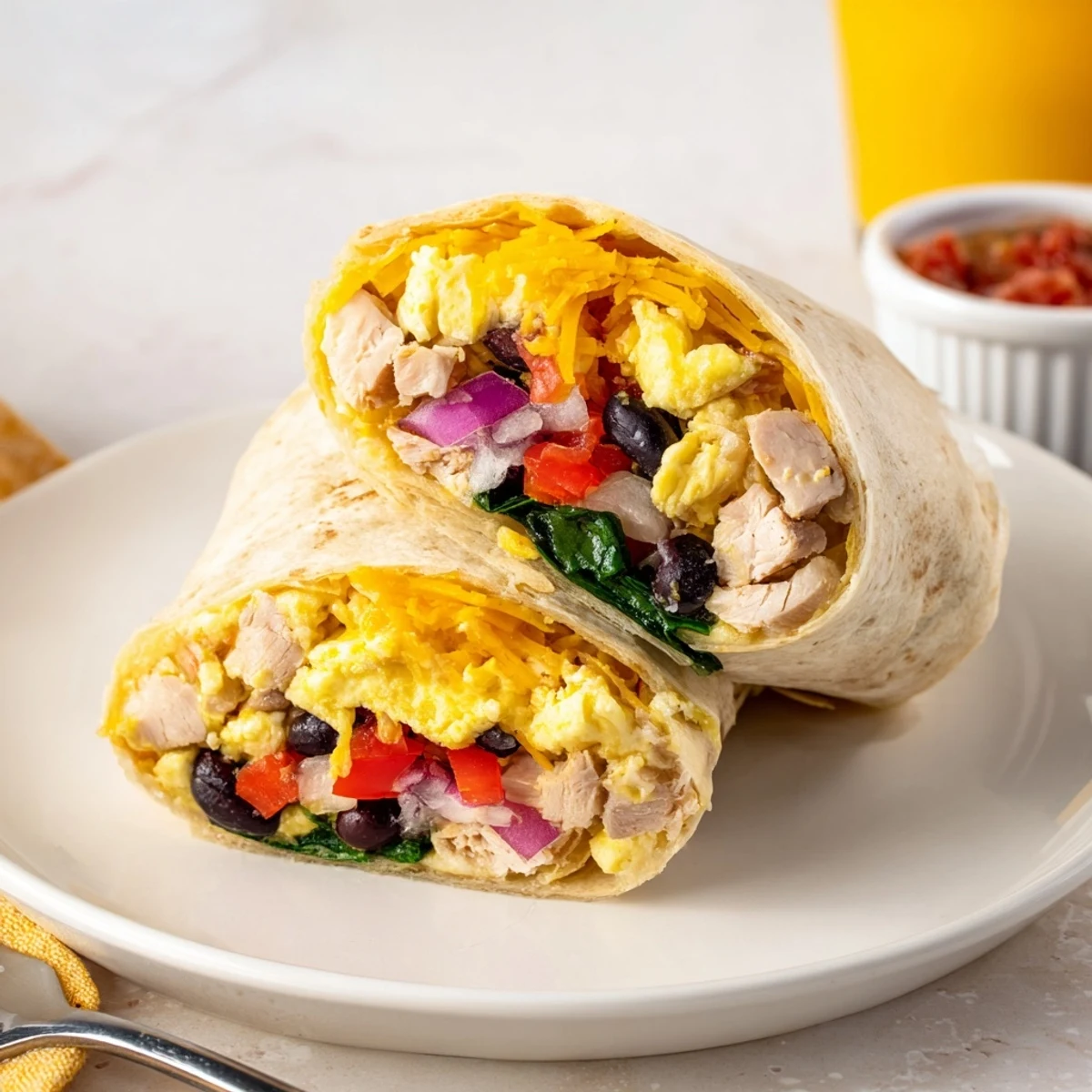 Protein Breakfast Burrito overflowing with melted cheddar, turkey, and sautéed peppers