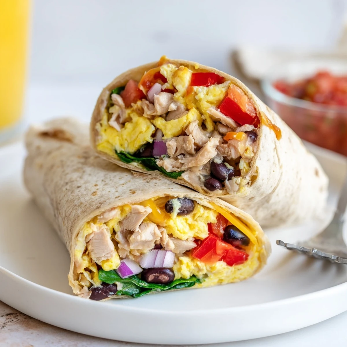 Hearty Protein Breakfast Burrito with fluffy scrambled eggs, black beans, spinach