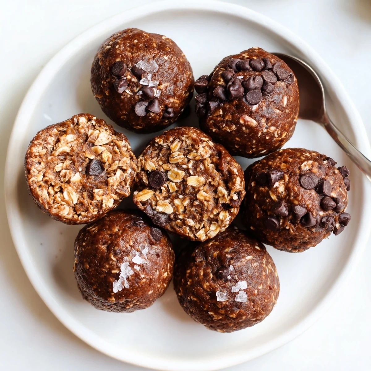 Close-up of Brownie Protein Bites, chewy texture, sprinkled sea salt, chilled.