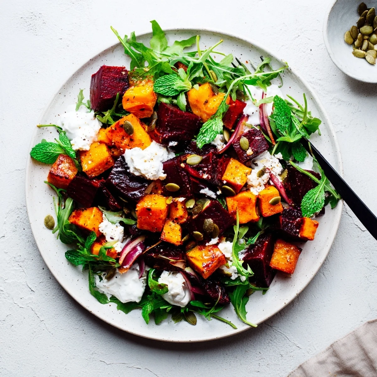 Creamy Roasted Beet Salad With Sweet Potato Feta, warm caramelized beets and tangy dressing
