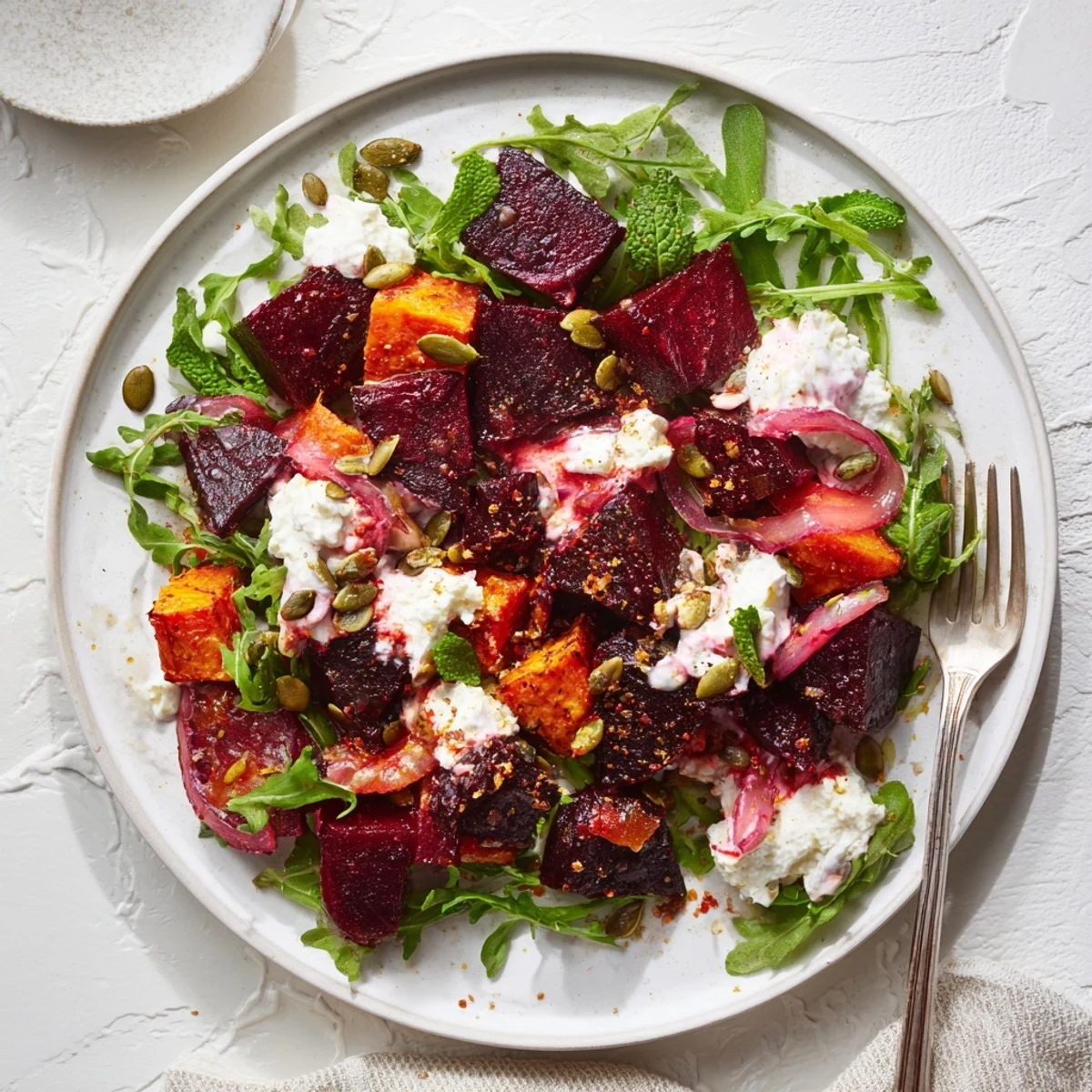 Bowl of Creamy Roasted Beet Salad With Sweet Potato Feta, toasted pepitas