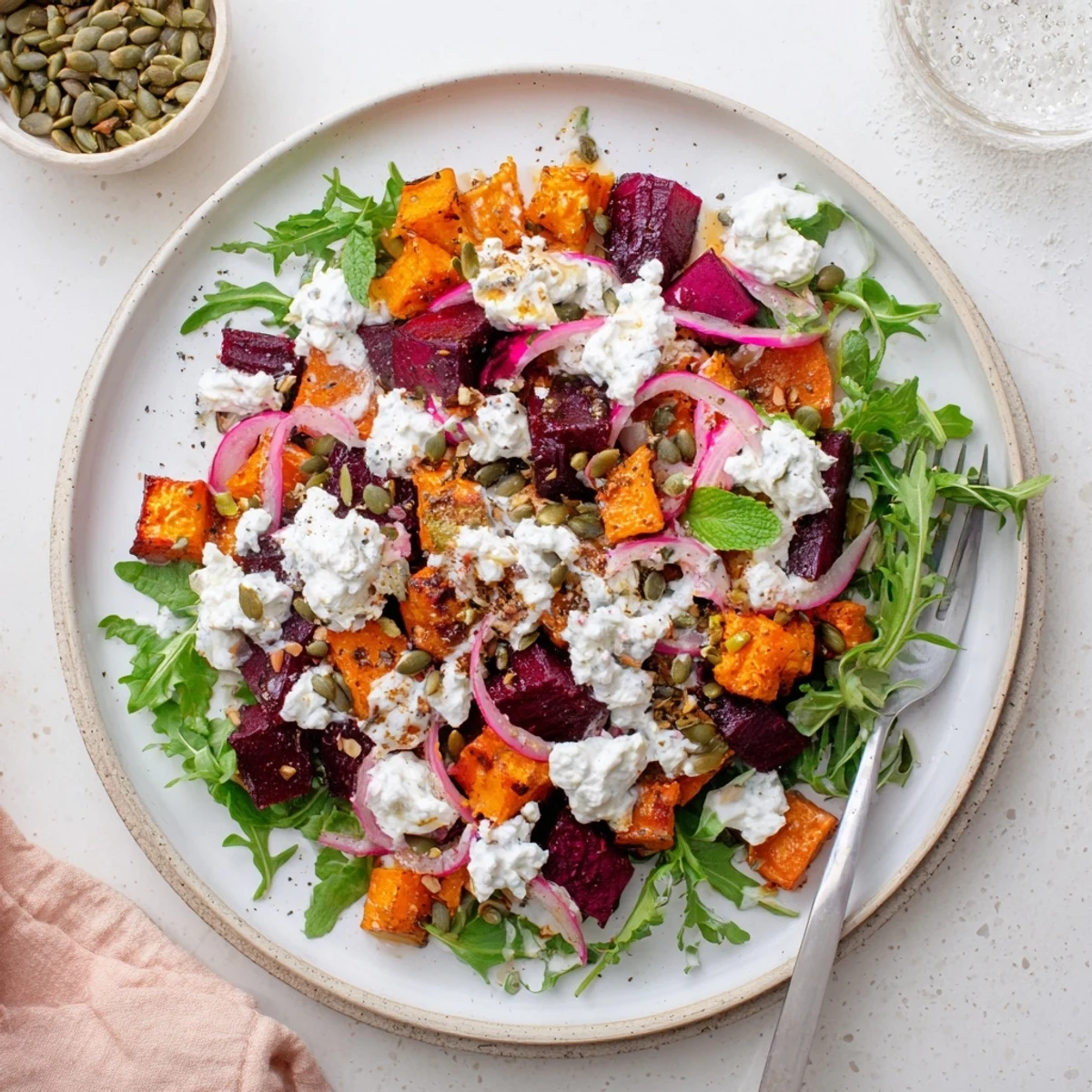 Creamy Roasted Beet Salad With Sweet Potato Feta drizzled with lemony yogurt dressing
