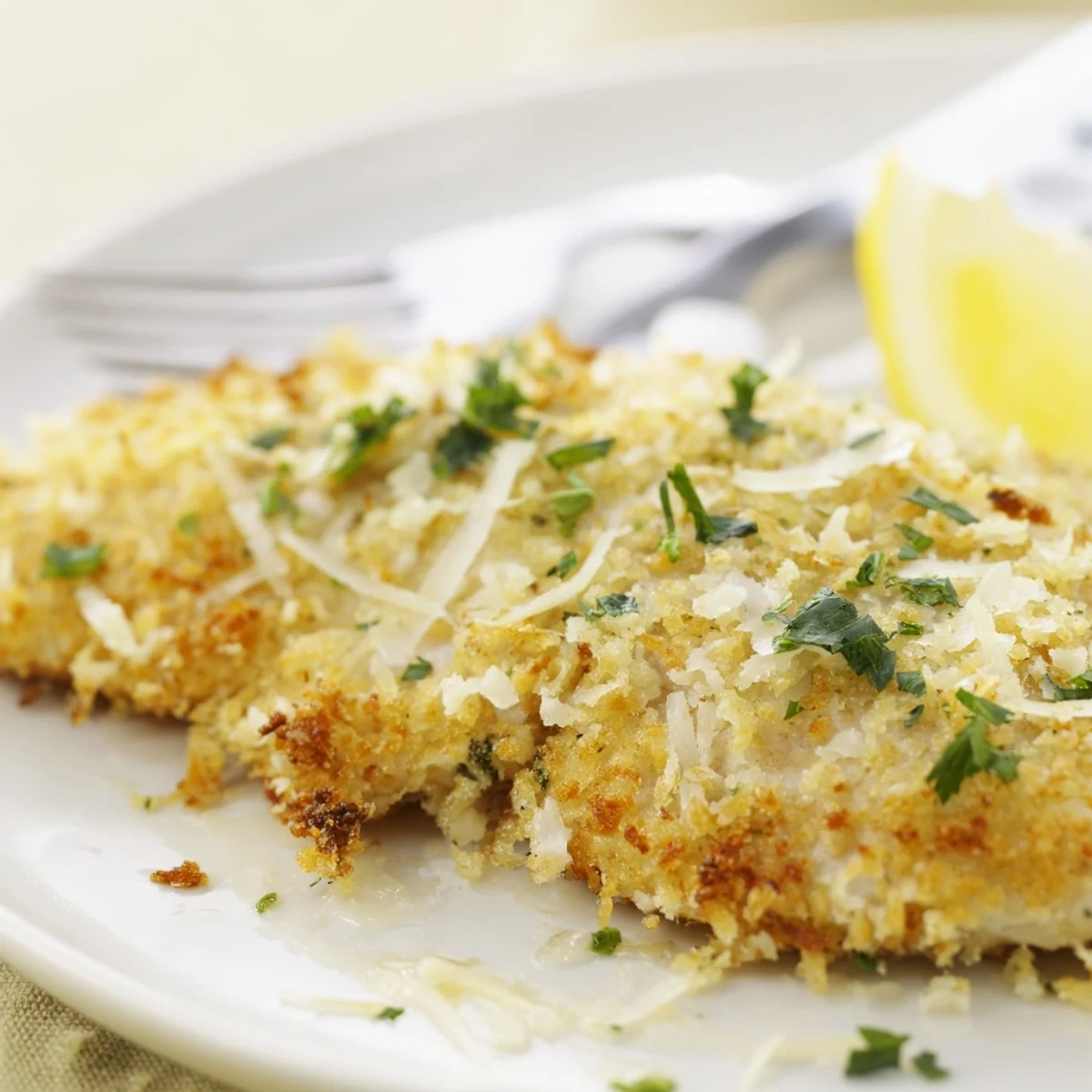 Lemon Pecorino Crusted Chicken With Creamy Lemon Sauce, plated with parsley, lemon wedge, vegetables