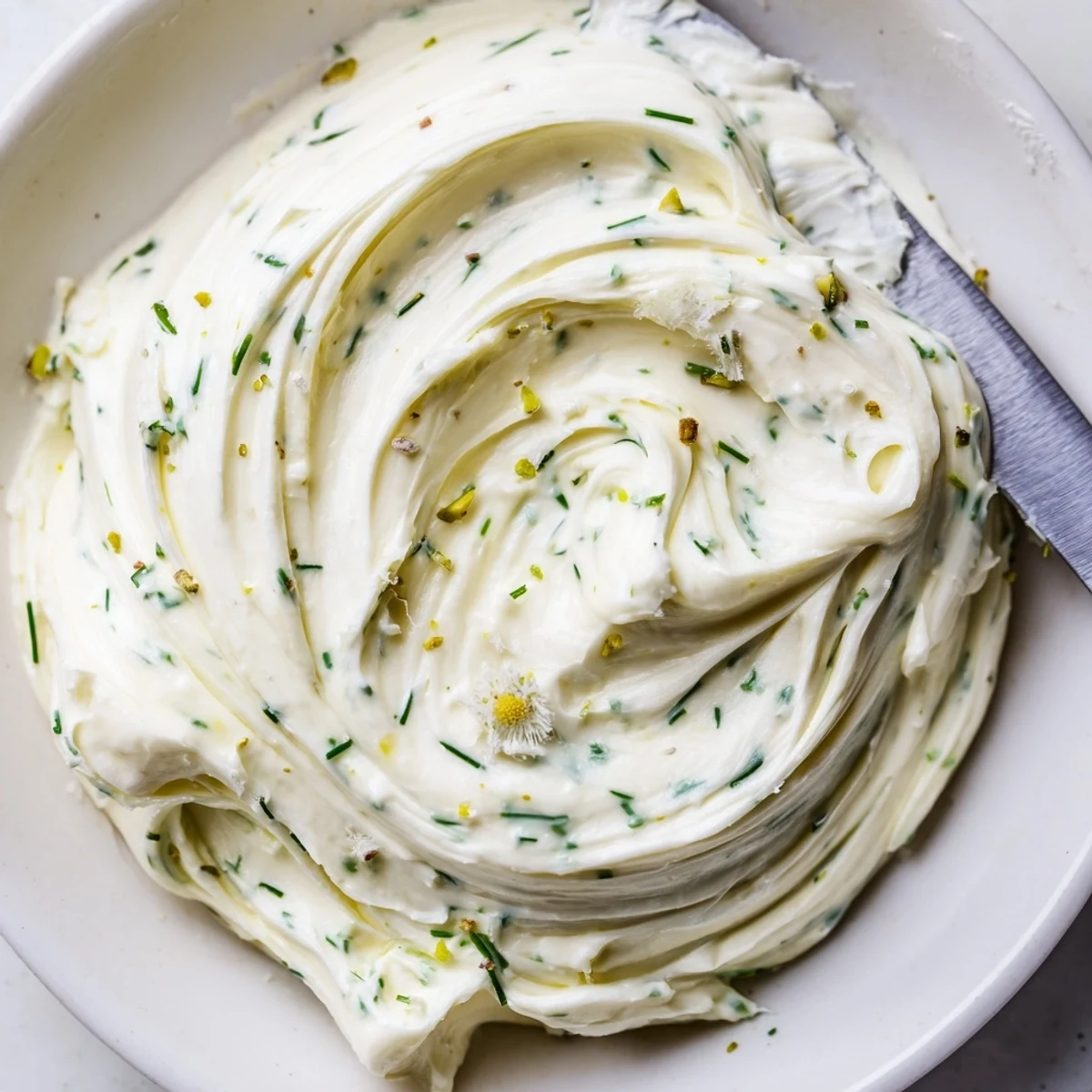 Wooden platter holding Rustic Creamy Herb Infused Butter Board beside country bread slices