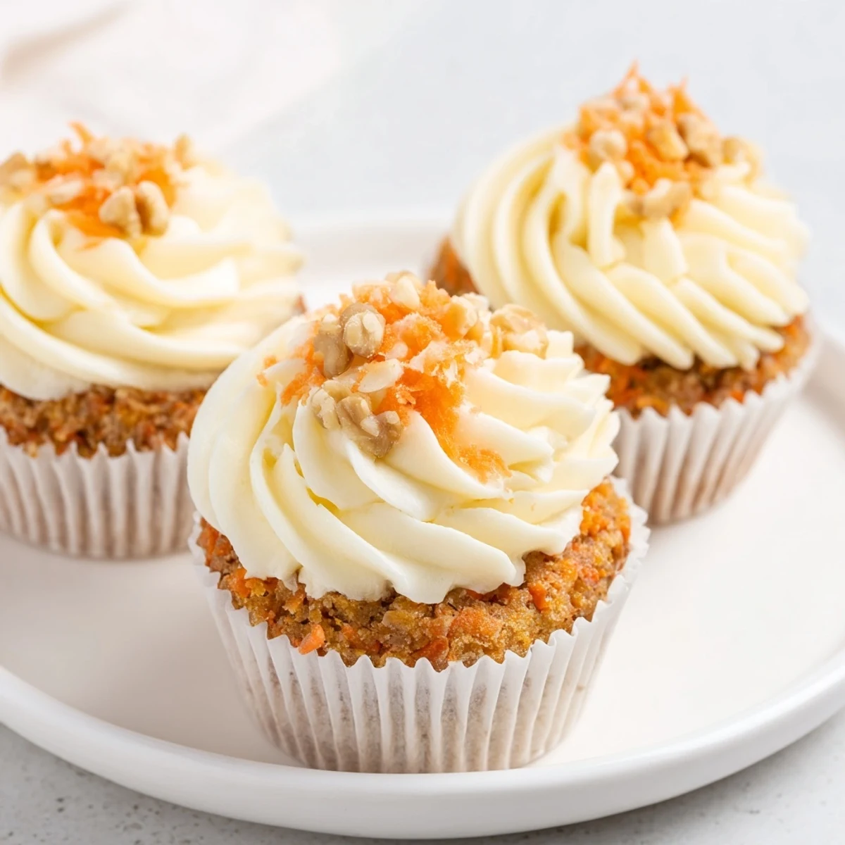 Moist Carrot Cake Cupcakes topped with velvety cream cheese frosting and chopped walnuts.