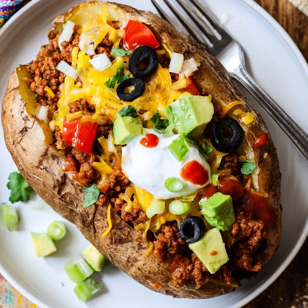 Taco Loaded Baked Potatoes with crispy skins, melty cheese, and chunky salsa