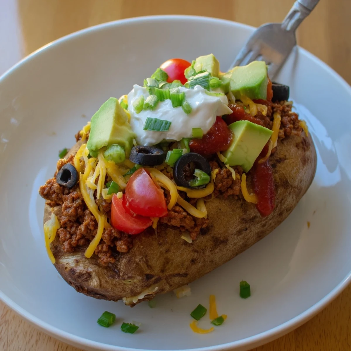 Oven-warm, skillet-finished Taco Loaded Baked Potatoes layered with avocado and cheese