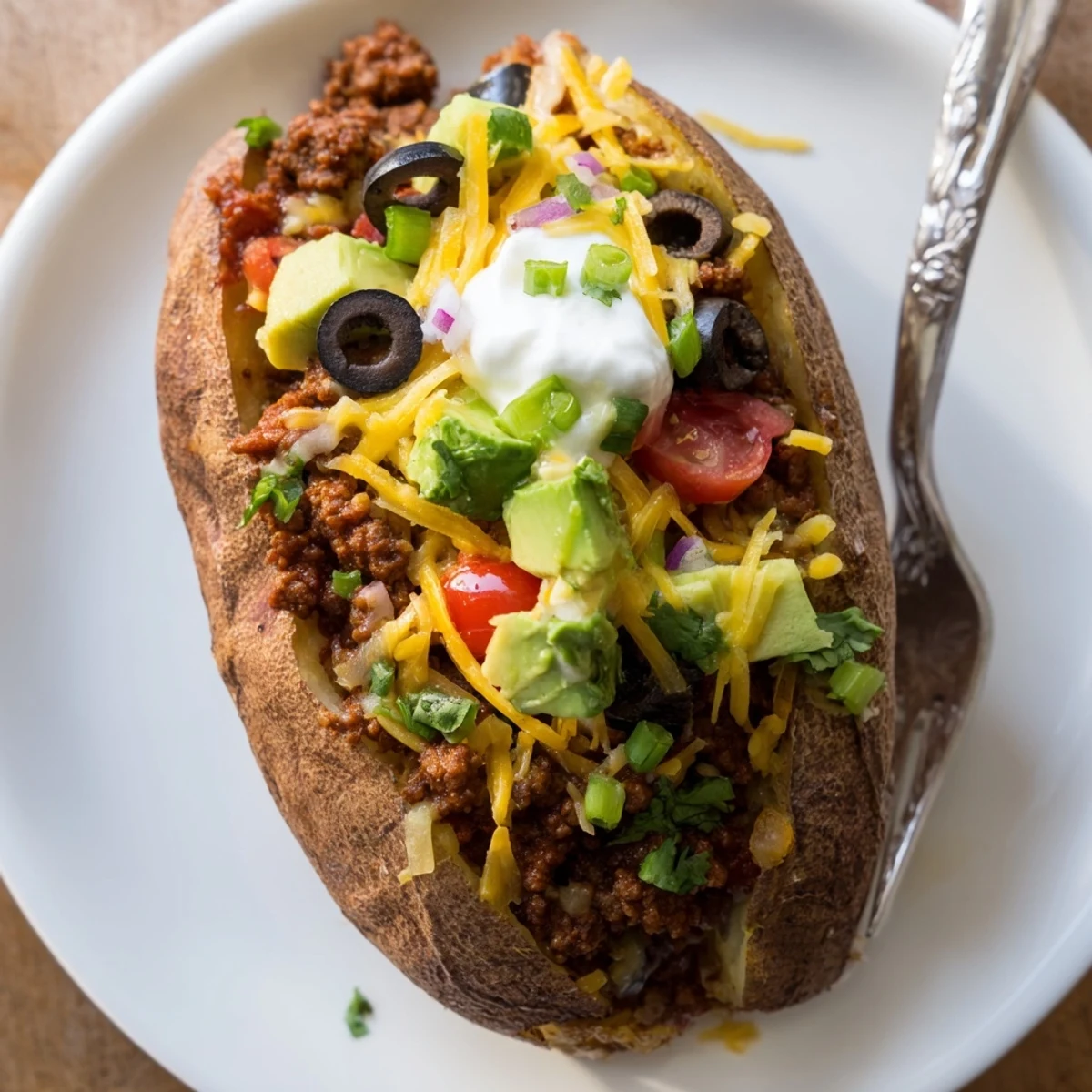 Family-style platter of zesty toppings over piping-hot Taco Loaded Baked Potatoes