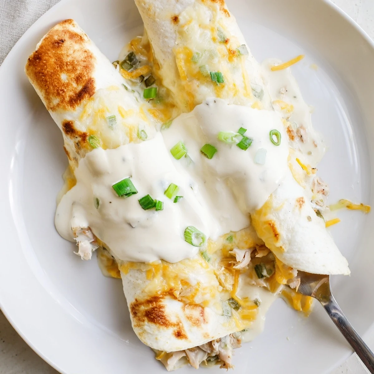Garnished with cilantro, White Rotisserie Chicken Enchiladas served steaming hot